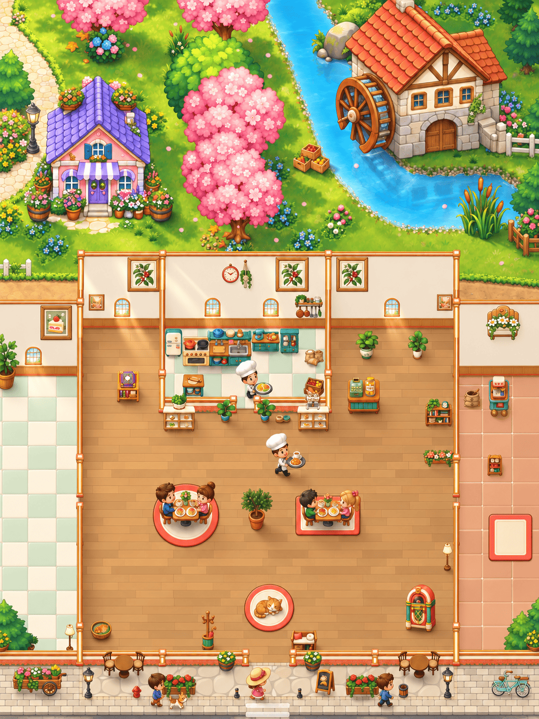 The furnished Chef Loop café with guests, staff and a sleeping cat beside a blossom-filled town