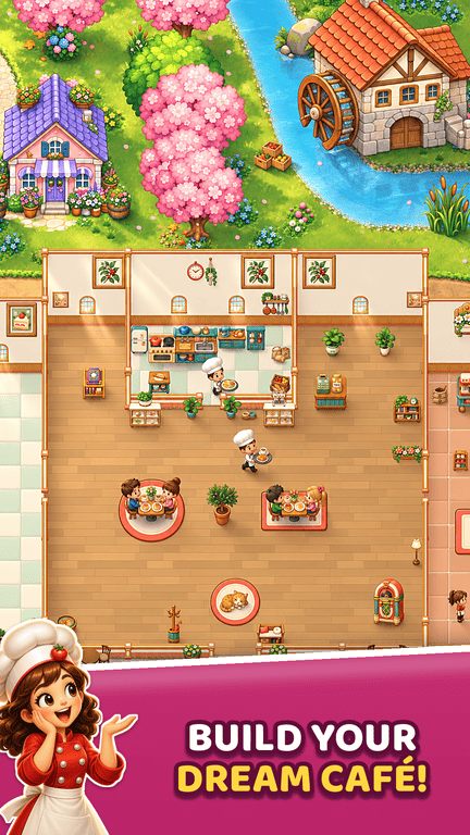 A furnished café in a cherry-blossom town