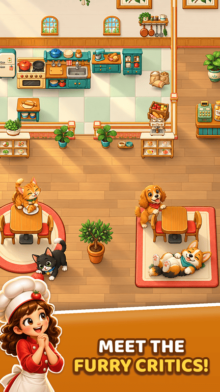 Two cats and two dogs play and rest in the café