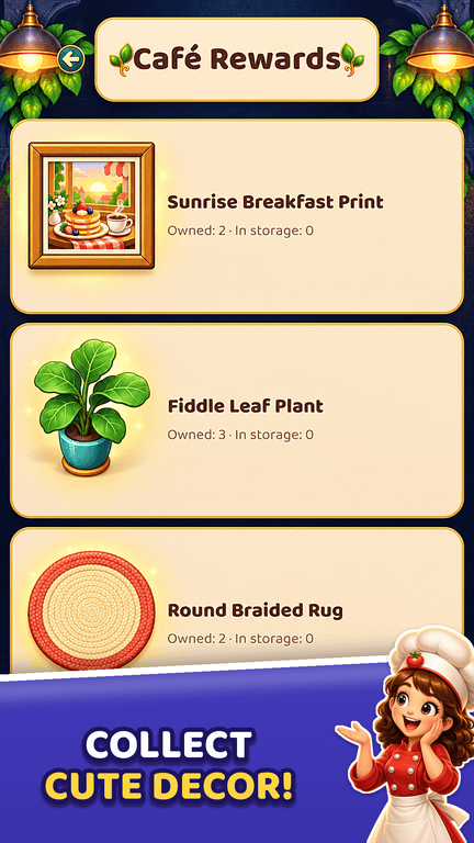Café rewards including a breakfast print, plant and braided rug